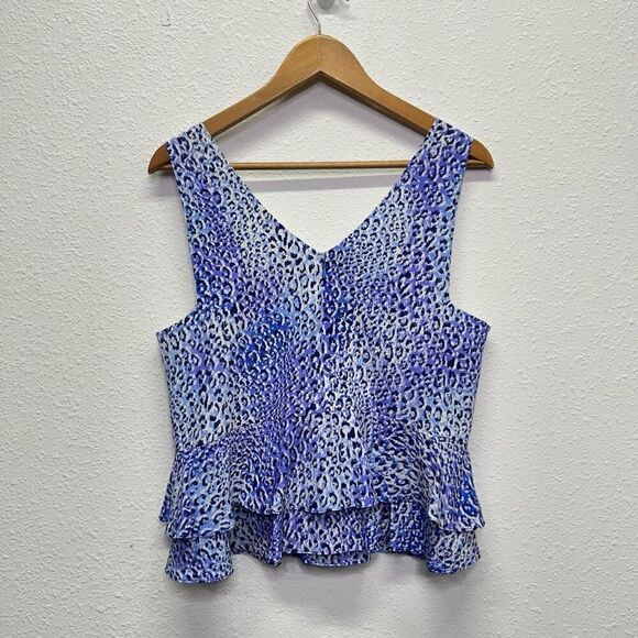 Rebecca Taylor Blue Leopard Print Tiered Peplum Sleeveless Silk Top Size 10 - Picture 8 of 12